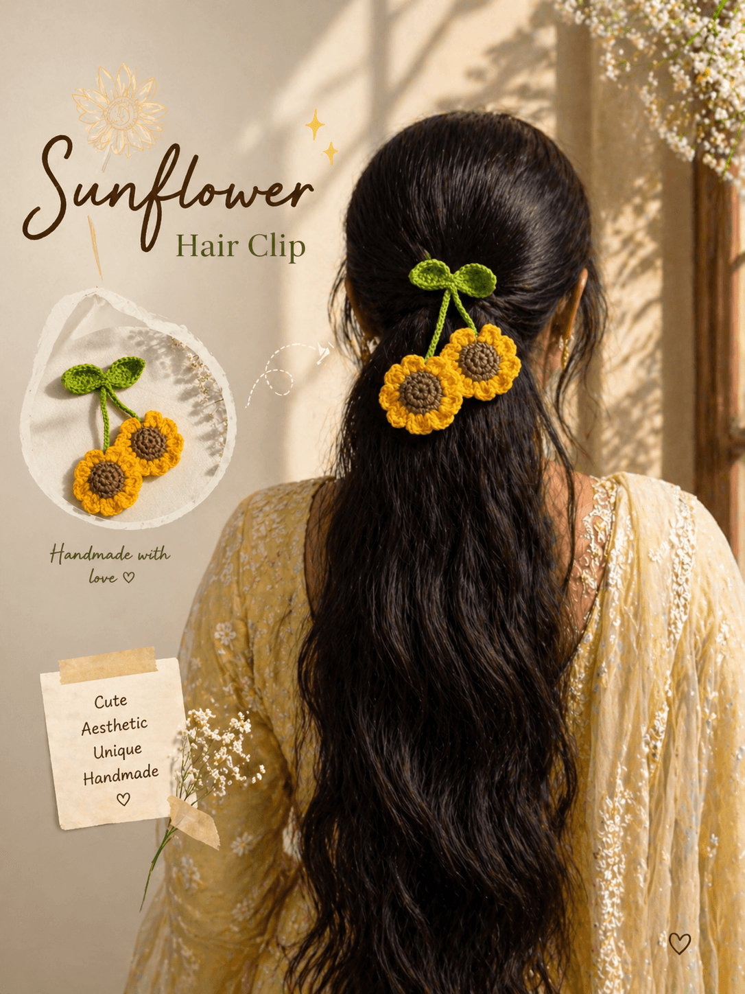 Sunflower crochet hair clip - Thumbnail 2