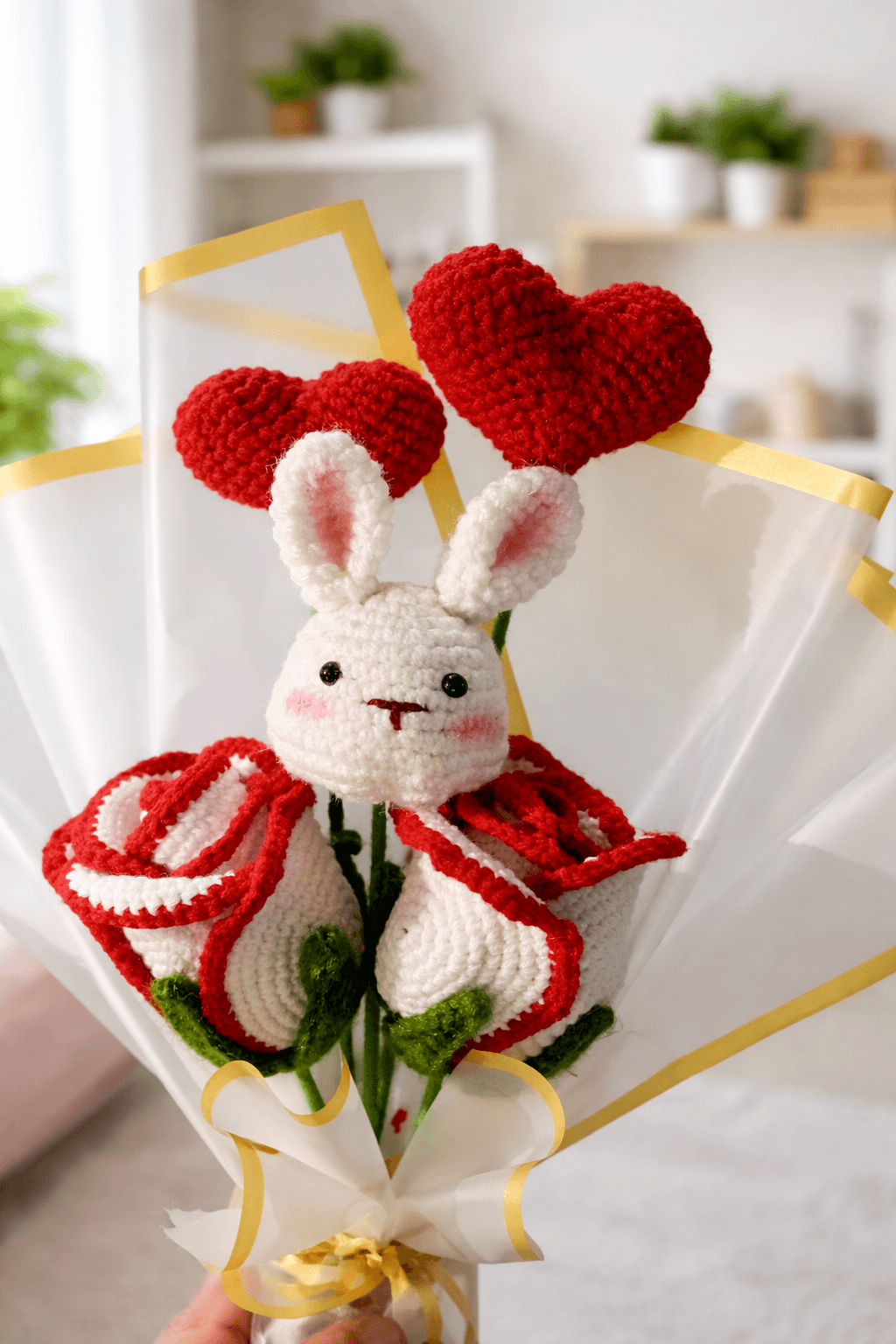HandHandmade Crochet Bunny Rose Bouquet for Gift | Artificial Flower Bouquet | Valentine & Anniversa - Image 1
