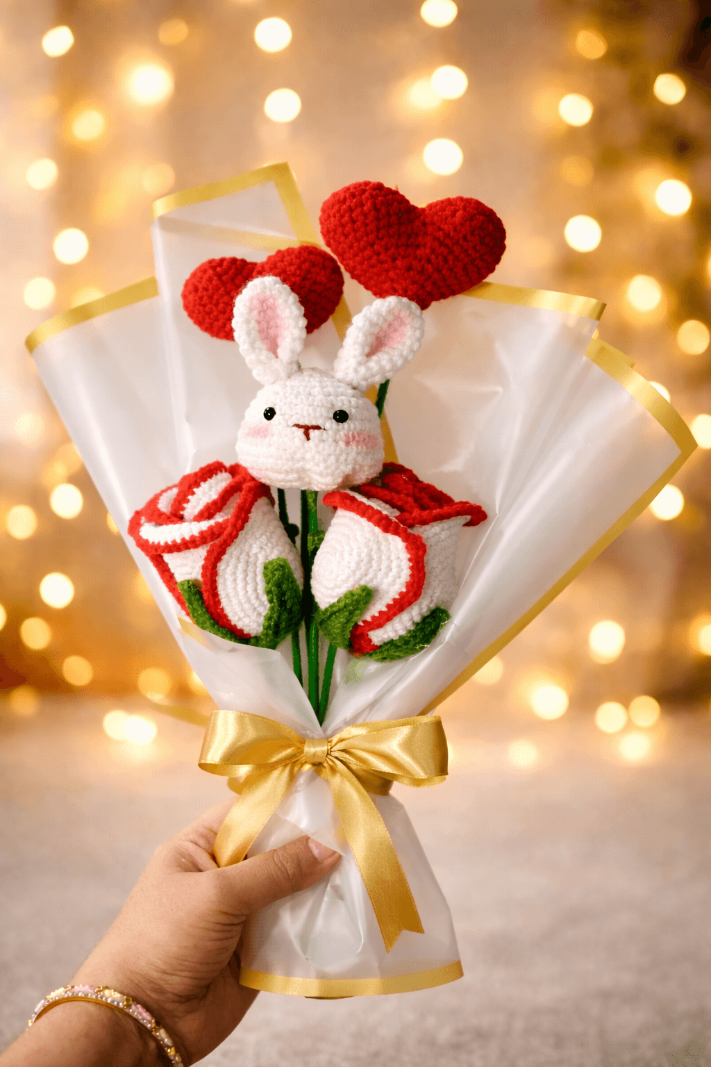 HandHandmade Crochet Bunny Rose Bouquet for Gift | Artificial Flower Bouquet | Valentine & Anniversa - Thumbnail 2
