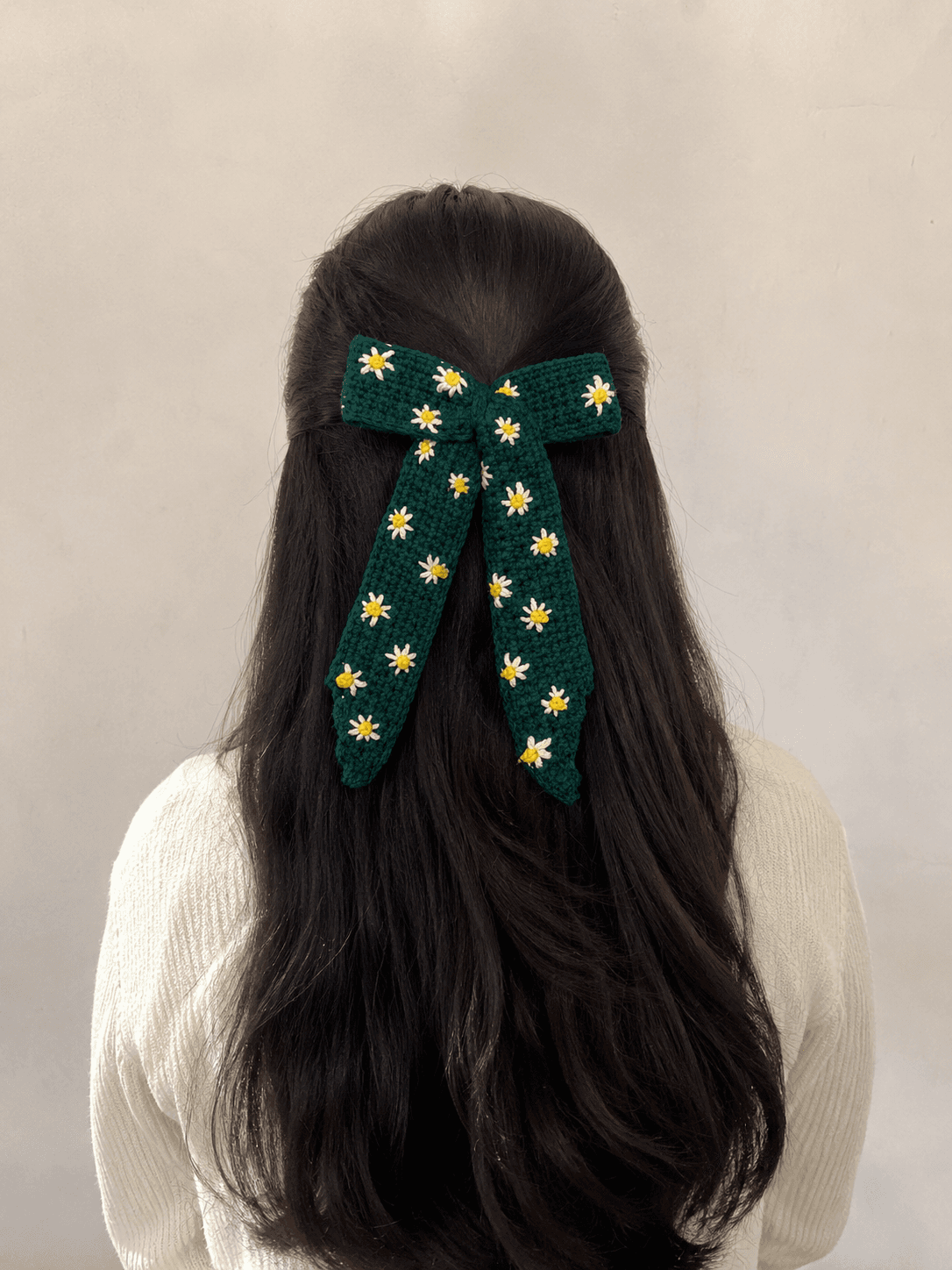 Handmade Crochet Daisy Bow Hair Clip for Girls & Women | Peacock Green Hair Bow - Thumbnail 2